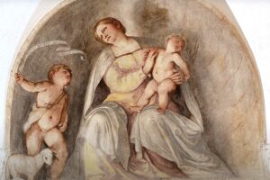 Fotografia dell'affresco con Madonna, Bambino e San Giovannino, dipinto da Romanino nel refettorio della foresteria dell'abbazia olivetana di San Nicola a Rodengo Saiano in Franciacorta